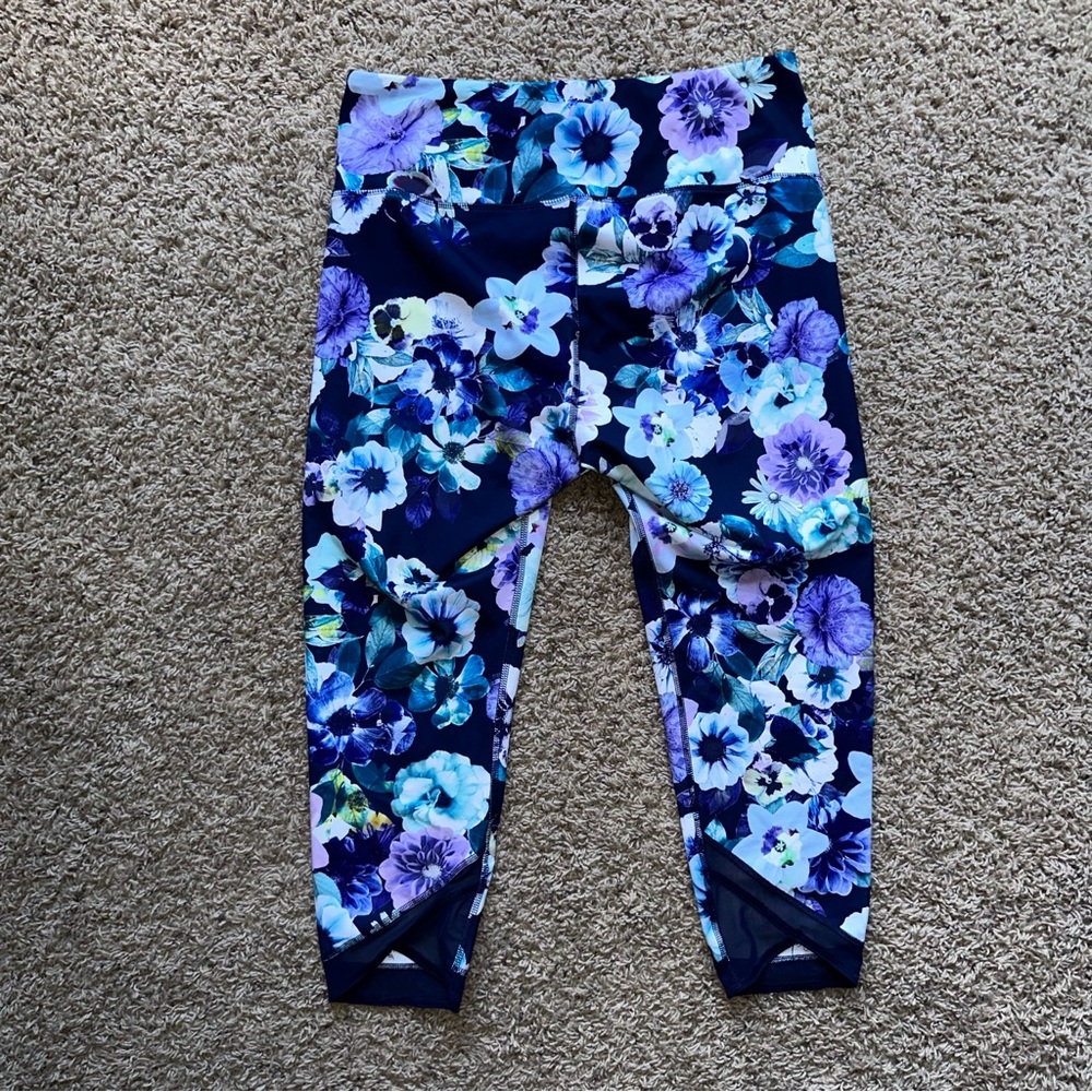 Floral Print Capri Leggings Mesh Inset Fun XL Athletic Pants Cropped Crop - Picture 4 of 5